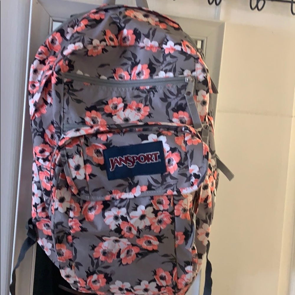 Jansport Big Backpack. Gray with coral flowers